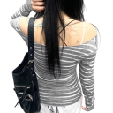 Women's Striped Long Sleeve Top with Exposed Shoulders Slim Fit Elegant Stretchy Material Fashionable Comfortable Casual Wear 4