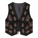 Women's Suede Vest with Embroidered Floral Pattern and Decorative Stitching on the Edges with Tie and Deep V-Neck 6