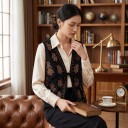 Women's Suede Vest with Embroidered Floral Pattern and Decorative Stitching on the Edges with Tie and Deep V-Neck 4