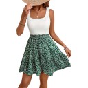 Women's Summer Mini Dress with Straps, Square Neckline, White Ribbed Top and Green Skirt with Small White Flowers 6