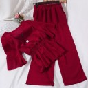 Women's Two-Piece Set Blouse and Wide Elasticated Trousers V-Neck with Buttons Gathered Waist with Frill Bell Sleeves Polyester 2