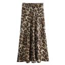 Women's Vintage High-Waisted Midi Leopard Skirt Long Pleated Skirt Loose A-Line Cut Elegant Animal Print for the City and Summer 1