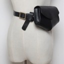 Women's Waist Bag with Flap on Belt Rounded Shape with Piped Edges Wide Belt with Square Gold Buckle PU Leather 8