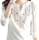 Women's White Blouse V-Neck Three-Quarter Sleeve Decorative Ornaments Button Cuff Elegant Blouse Made of Polyester 4