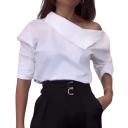 Women's White Blouse with Long Sleeves, Stand-up Collar and a Row of Buttons Along the Sleeve 1