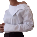 Women's White Blouse with Long Sleeves, Stand-up Collar and a Row of Buttons Along the Sleeve 2