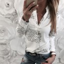 Women's White Long-Sleeved Shirt with Black Handwritten Style Prints V-Neck with Collar Comfortable and Pleasant Polyester Blouse 6