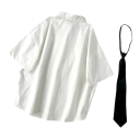 Women's White Loose-Fitting Short-Sleeve Shirt with Black Tie Elegant Shirt Top with Collar Casual Style for Work and Leisure 2