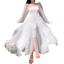 Women's White Maxi Dress with Off-the-Shoulder and Puff Sleeves with Elastic Waist and Ankle Length for Summer and Social Events 2