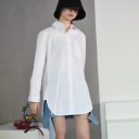 Women's White Shirt for Plus Sizes Long Sleeve Classic Collar and Breast Pocket Extended Cut with Rounded Hem Polyester and Cotton 2