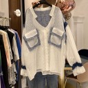Women's White Shirt with Large Breast Pockets Blue Fringing with Fringes Blue Saddle on the Back Long Loose Sleeve with Frill Polyester 1