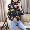 Women's Wild Animal Print Shirt Loose Fit with Long Flared Sleeves Deep Neckline Dark Background Polyester and Cotton 3