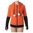 Women's Zip-Up Hoodie with Ears Drawstrings with Pom-Poms Black Sleeves with Thumbholes Two Front Pockets Black Hem Polyester 5