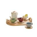 Wooden Tea Set for Children Montessori Kettle with 4 Cups, Saucers and Spoons BPA Free Educational Toy Kitchen Set for Cooking Play 4