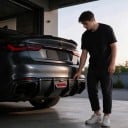 Zadní difuzor nárazníku s LED světlem a 4 žebry, ABS plast, lesklý černý karbonový vzhled, pro Audi A4 B9 Standard Sedan 2017–2018 2