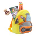 Zaino giallo per bambini 26 x 24 x 10 cm con motivo di escavatore e benna tridimensionale, dotato di due tasche con zip e spallacci morbidi arancioni 5