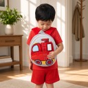 Zaino grigio per bambini 26 x 24 x 10 cm con camion dei pompieri rosso e lampeggiatore ricamato con tasca frontale e principale con zip e spallacci rossi 3
