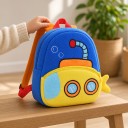 Zaino morbido per bambini 26 x 24 x 10 cm con motivo di sottomarino giallo e bolle in blu con tasca frontale con zip e spallacci arancioni 4
