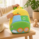 Zaino per bambini 26 x 24 x 10 cm con auto pulitore verde con spazzola e simbolo del riciclo su sfondo giallo con due tasche con zip 3