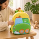 Zaino per bambini 26 x 24 x 10 cm con auto pulitore verde con spazzola e simbolo del riciclo su sfondo giallo con due tasche con zip 5