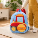 Zaino per bambini 26 x 24 x 10 cm con rullo stradale rosso su sfondo azzurro con due tasche con zip e spallacci morbidi rossi 2
