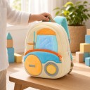 Zaino per bambini 26 x 24 x 10 cm di colore crema con motivo di carrello elevatore e grande ruota gialla, con due tasche con zip e spallacci turchesi 3