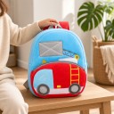 Zaino per bambini azzurro chiaro 26 x 24 x 10 cm con motivo di un camion dei pompieri e scala gialla, con due tasche con zip e spallacci rossi 3