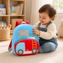 Zaino per bambini azzurro chiaro 26 x 24 x 10 cm con motivo di un camion dei pompieri e scala gialla, con due tasche con zip e spallacci rossi 4