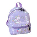 Zaino per bambini con stampa a tutto campo di unicorni e arcobaleni con due tasche con zip e spallacci regolabili e maniglia per il trasporto 3
