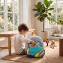 Zaino per bambini grigio 26 x 24 x 10 cm con motivo di un carro armato turchese e cinghie gialle con due tasche con zip e spallacci turchesi 4