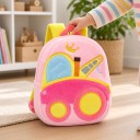 Zaino per bambini rosa 26 x 24 x 10 cm con motivo di gru e corona gialla con spallacci gialli e due tasche con zip 5