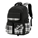 Zaino scolastico per bambini 41 x 28 x 18 cm con motivo a quadretti e fiocco, con due scomparti con zip e tasche laterali per bottiglie 8