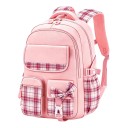 Zaino scolastico per bambini 41 x 28 x 18 cm con motivo a quadretti e fiocco, con due scomparti con zip e tasche laterali per bottiglie 2