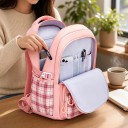 Zaino scolastico per bambini 41 x 28 x 18 cm con motivo a quadretti e fiocco, con due scomparti con zip e tasche laterali per bottiglie 6