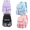 Zaino scolastico per bambini 41 x 28 x 18 cm con motivo a quadretti e fiocco, con due scomparti con zip e tasche laterali per bottiglie 1