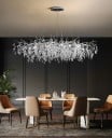 Závesný luster sklenené listy vetvičky strieborný 120 x 65 x výška 45 x nastaviteľný kábel 150 cm, 12x G9 LED v balení, teplé biele svetlo 2