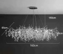 Závesný luster sklenené listy vetvičky strieborný 160 x 65 x výška 45 x nastaviteľný kábel 150 cm, 16x G9 LED v balení, tri teploty svetla 3