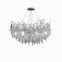 Závesný luster sklenené listy vetvičky strieborný priemer 45 x výška 45 x nastaviteľný kábel 150 cm, 6x G9, neutrálné biele svetlo do jedálne 1