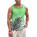 Zelené pánské tílko Polyesterový materiál Výstřih do O Motiv palmového listu Lehký rovný střih Letní styl Na volný čas 1