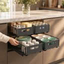 Zestaw 2 wysuwanych pojemników do szafki kuchennej 37,5 x 24,5 cm Wysokość 10 i 19 cm Stal węglowa i plastik Szaro-czarny Organizator do spiżarni 5