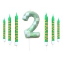 Zestaw 7 zielonych świeczek urodzinowych z motywem pikselowym, dekoracja tortu, świeczki z numerami gier wideo 0-9, przyjęcie urodzinowe, 9,5 x 0,8 cm 3