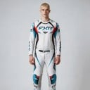 Zestaw motokrosowy z długim rękawem i spodniami z niebieskimi i czerwonymi akcentami oraz klamrą w pasie do enduro i quada biały 3