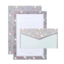 Zestaw papierów listowych i kopert 14 x 21 cm 6 arkuszy papieru 8,5 x 16,5 cm 3 koperty w kwiatowy wzór szary zestaw do pisania 1