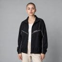 Zip-Up Windbreaker with Print on the Back and White Trim with Pockets and Elastic Hem Black Unisex 4