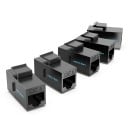 Złącze RJ45 CAT 6 do połączenia dwóch kabli sieciowych Dwie gniazda RJ45 Dla kabli 22 do 26 AWG Czarny plastik ABS i PC Wymiary 3,3 x 1,6 x 1,5 3