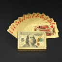 Zlaté plastové hracie karty 55 kusov s dizajnom bankovky 100 USD lesklý vodeodolný povrch a rozmer 6 x 9 cm pre poker žolíky aj kanastu 3
