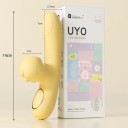 Žltý silikónový 2v1 vibrátor s roztomilým womanizerom v tvare dinosaura a ohrevom až na 42 ° C USB nabíjanie diskrétne balenie 2