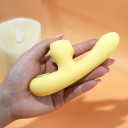 Žltý silikónový 2v1 vibrátor s roztomilým womanizerom v tvare dinosaura a ohrevom až na 42 ° C USB nabíjanie diskrétne balenie 3