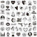 Zwart-witte autostickers van PVC 50 stuks Mix van harten tot vrouwenportretten en Engelse teksten Voor het versieren en personaliseren van je voertuig 3