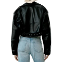 Zwarte imitatieleren damesjas Korte bikerstijl Asymmetrische rits Tailleband Metalen ritsen Rocklook Modieuze lentejas 4